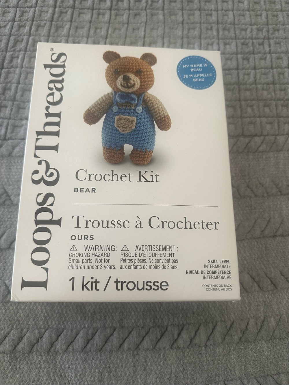 Loops & Threads Crochet Kit - Brown Bear with Blue Overalls